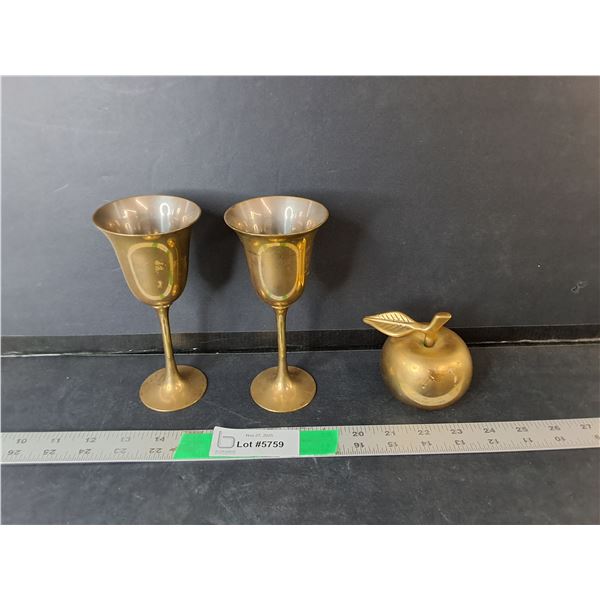 Brass Apple Bell & (2) Goblets