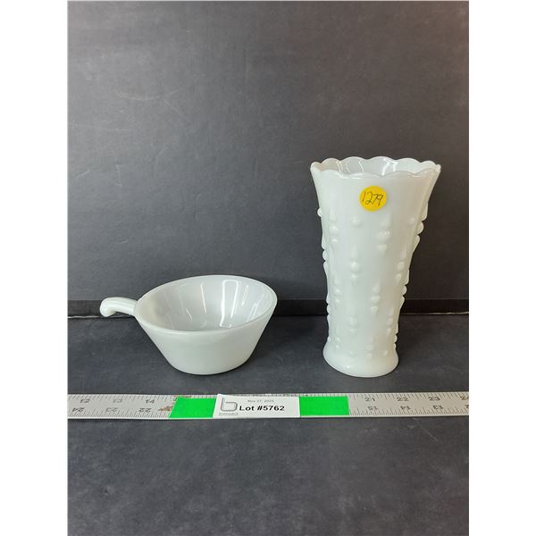 Milk Glass Vase 7" & Handled Soup Bowl