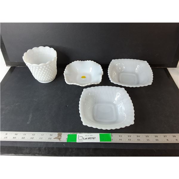 Fire King Milk Glass Vase 4.5" & (3) Bowls
