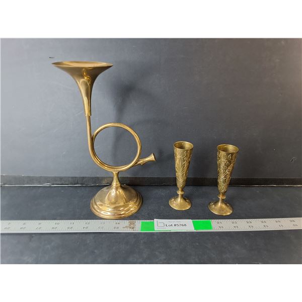 Brass Horn Style Candleholder 10" & (2) Bud Vases