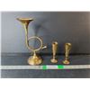 Image 1 : Brass Horn Style Candleholder 10" & (2) Bud Vases