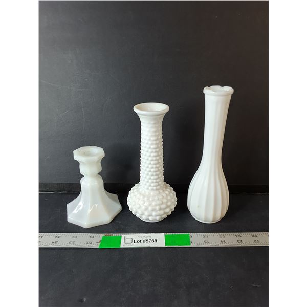 (2) Milk Glass Vases & Candleholder Up to 8.75"