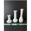 Image 1 : (2) Milk Glass Vases & Candleholder Up to 8.75"