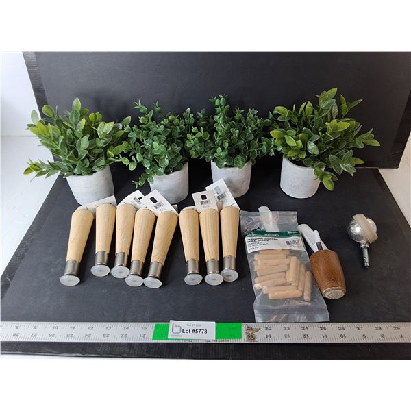 (4) Artificial Potted Plants, (9) Wooden Table Legs Up to 5.5", Dowel Pins, Misc.