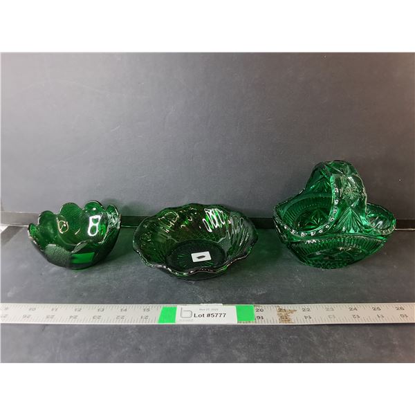 (3) Green Glass Bowls Up to 6.25" Diameter