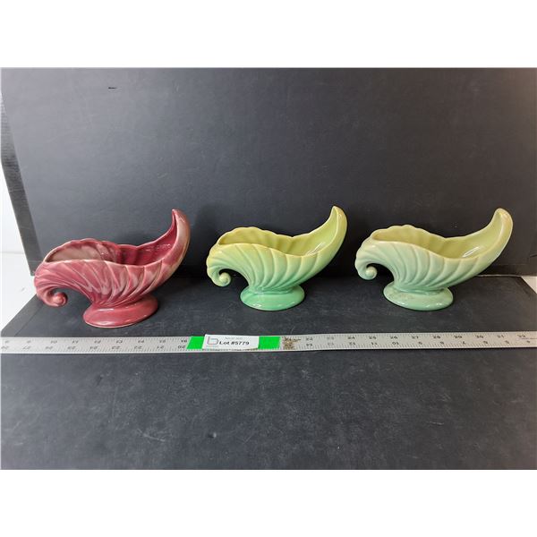 (3) Ceramic Cornucopia Planters 7" Long