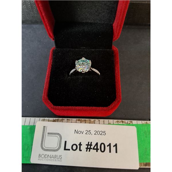 ^ 3 CT GRA Certified Round Greenish Blue Moissanite Ring with 12 Round Zirconia Stones, 925 Ring-7