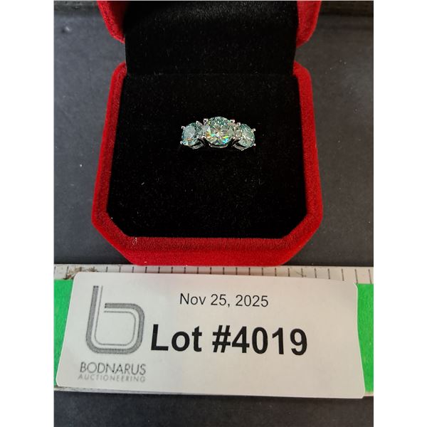 ^2 CT GRA Certified Round Blue Moissanite Ring with .50 CT on Either Side, 925 Ring-5