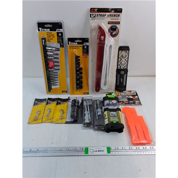 NOS Tamper Resistant Socket Set,Stubby Metric Hex set,Strap Wrench,Flashlights and more as pictured
