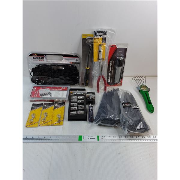 NOS Cargo Net,LED Flashlight,(2) Pkg.Cable Ties,Metric Socket set and more as pictured