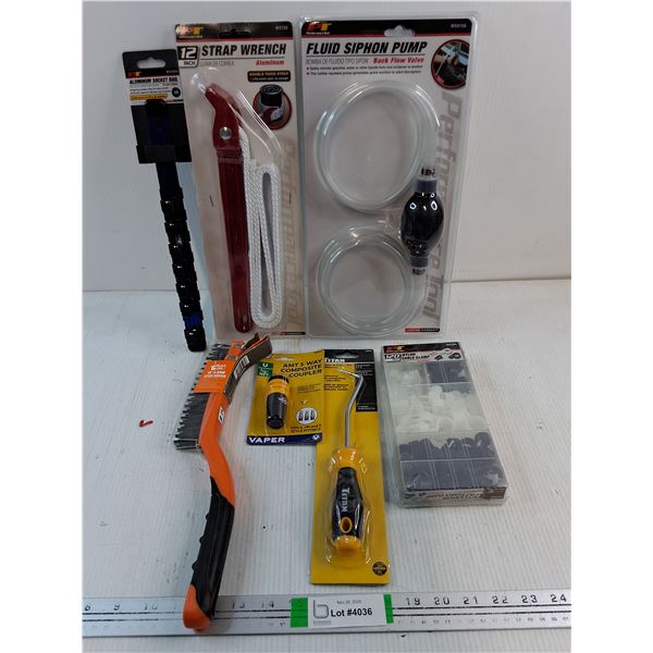 NOS Strap Wrench,Fluid Siphon Pump,120 Pc. Nylon Cable Clamp and more as pictured