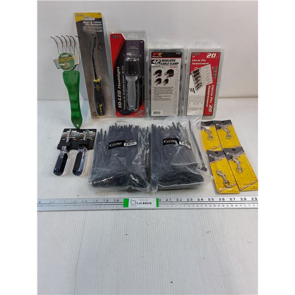 NOS Flashlight,(2) Cable Ties,Clevis Pin assortment and more as pictured
