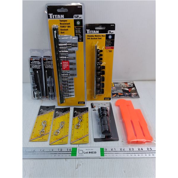 NOS 12 Pc.Tamper Resistant Torx Bit Socket Set,Stubby Metric Hex Set,(2) Grease Gun Adaptors and mor
