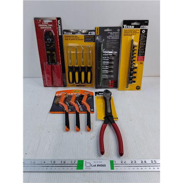 NOS 4-Way Crimping Tool,Precision Pick Set,Diagonal Cutter and more as pictured