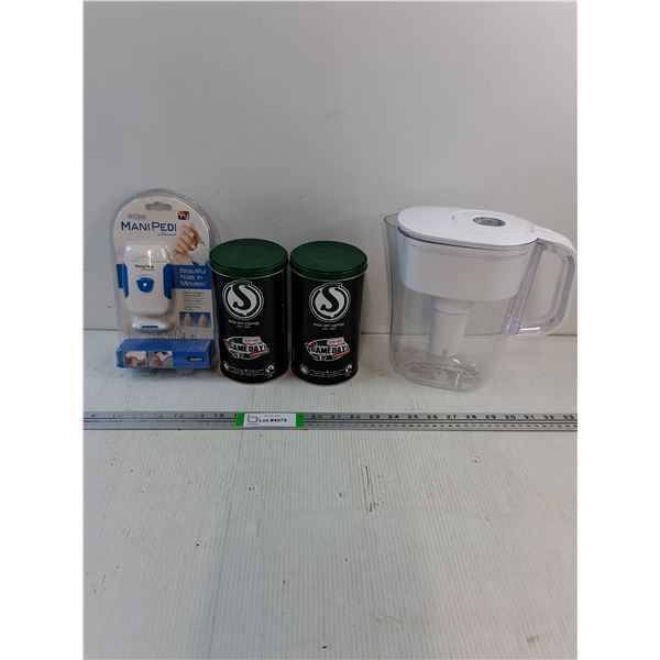 Brita water Pitcher,Mani-Ped(NIB) and (2) Rider Coffee Tins(empty)