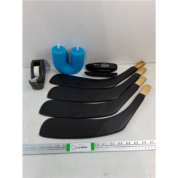 (4) Replacement Hockey Stick Blades,Tape Dispenser,Tire Gauge and Candle