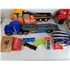 Image 2 : Box Of Assorted Plastic Toys - Trucks, Blocks , Baseball Mitt, Vtech Train Powers On