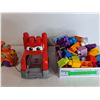 Image 5 : Box Of Assorted Plastic Toys - Trucks, Blocks , Baseball Mitt, Vtech Train Powers On