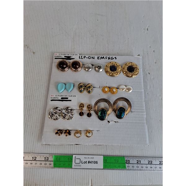 12 Pair Of Clip-on Earings- As Is