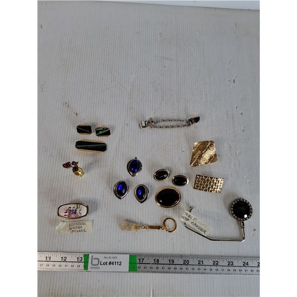 Various Costume Jewelry- Earrings, Keychains, Brooches, Miniature Vase