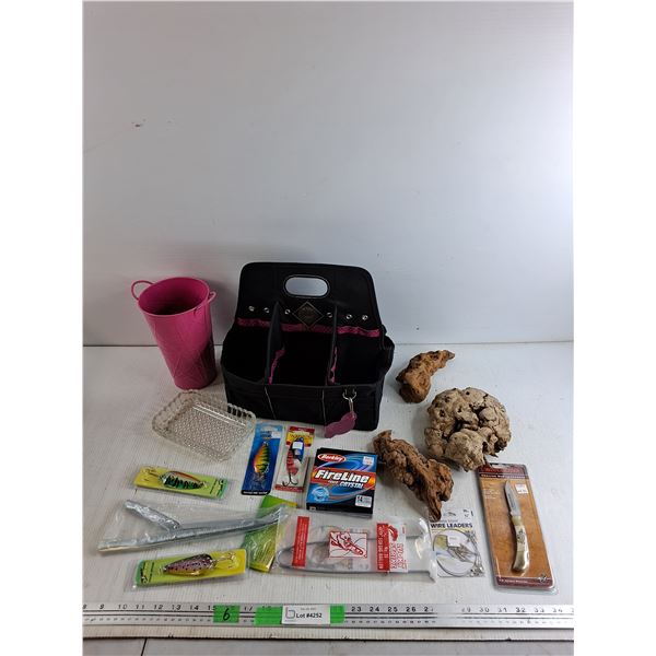 Drift Wood, Fishing Hooks, Pocket Knife, Tote-Ally Tote, Glass Tray, Metal Planter