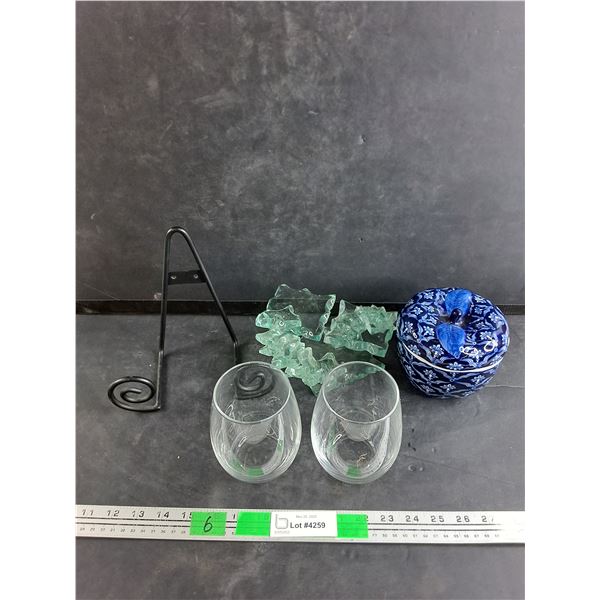 Ceramic Lidded Apple Dish, Wine Glasses, Glass Candle Stand, Metal Stand