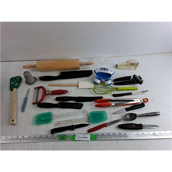 Kitchen Knives, Dough Roller, Can Opener, Ice Cream Scoop, Misc