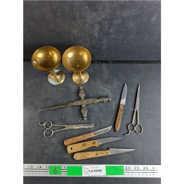 Brass Goblets, Letter Opener, Scissors, Kitchen Knives