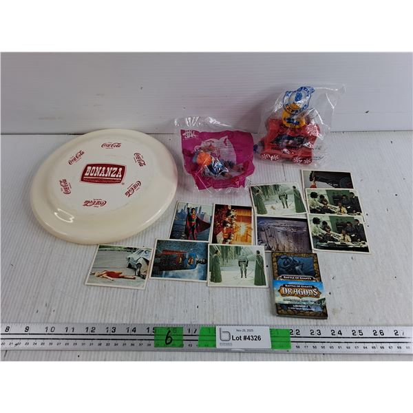Vintage Superman & Battle of Giants Dragons Trading Cards, Happy Meal Toys, Bonanza Frisbee