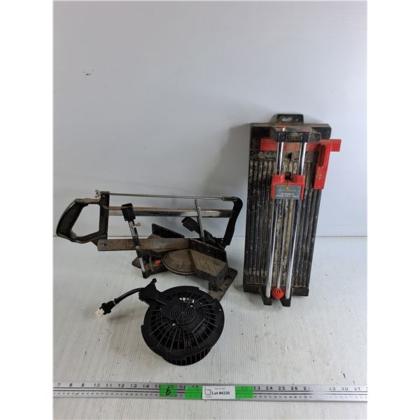 Plasplugs Tile Cutter, Jobmate Miter Box, Blower Motor - As Is