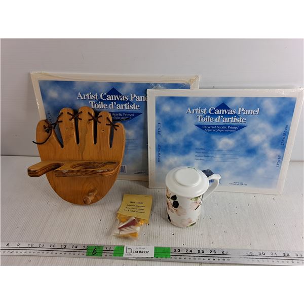 2-New Canvas Panels, Indigo Ceramic Mug- Strainer with Lid, Wooden Baseball Bat and Ball Rack, Tees