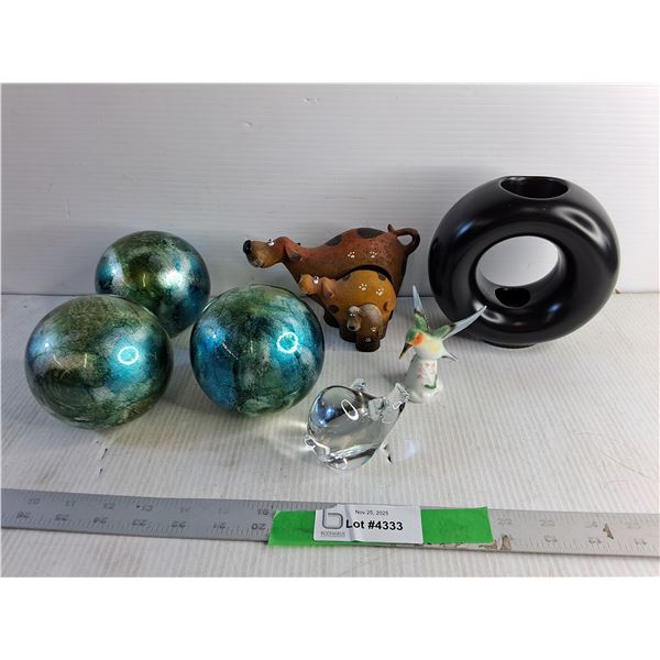 Ceramic Orbs, Candle Holder, Nesting Dogs, Glass Pig, West Germany Hummingbird, Xmas Paper