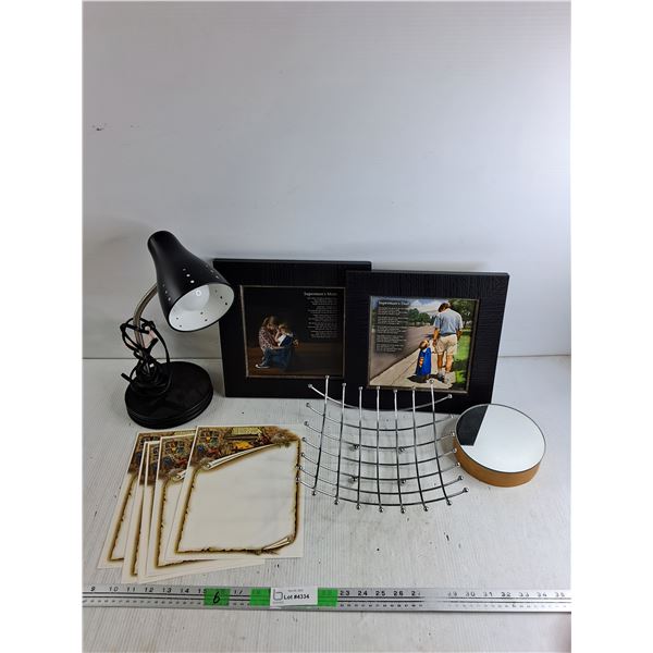 Desk Top Lamp - Powers On, As Is, Framed Wall Art Prints 12" x 12", Wall Mirror, Fruit Dish, Misc