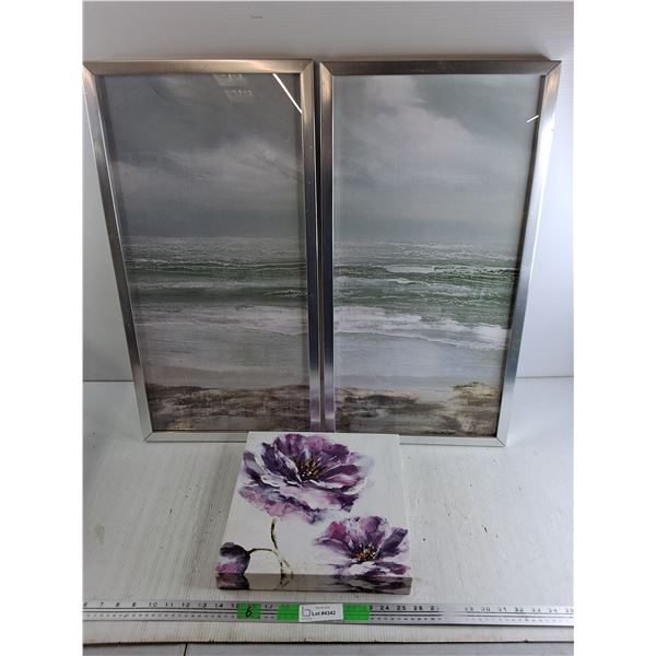 (2) Framed Wall Art Prints 28" x 15", Wall Art Print 12" x 12"