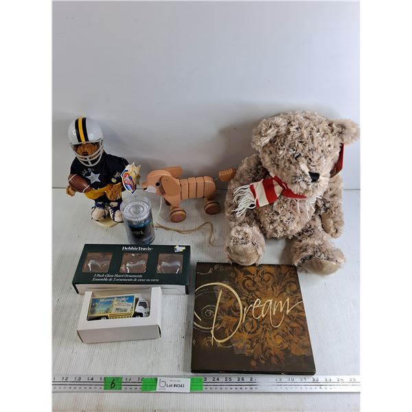 All Star Sports Bear, Plush Bear, Glass Hearts, LED Light Bulb, The Western Producer Truck, Wood Dog