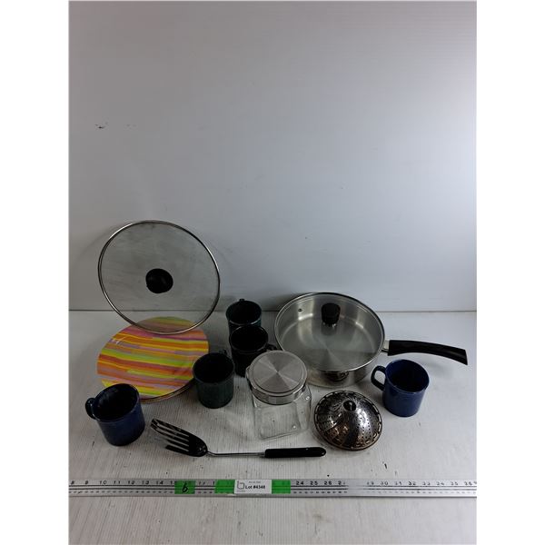 10" Cooking Pan with Lid, Plastic Plates, Spatula, Camping Mugs, Storage Jar, Steamer, Splatter Lid