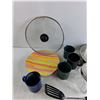 Image 2 : 10" Cooking Pan with Lid, Plastic Plates, Spatula, Camping Mugs, Storage Jar, Steamer, Splatter Lid