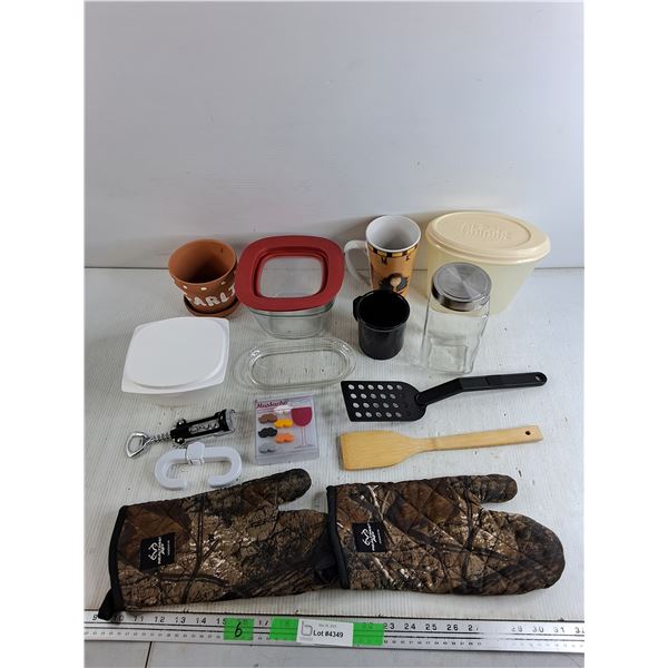 Wine Opener, Planter, Spatulas, Camo Oven Mitts, Storage Jar, Wine Glass Markers, Misc