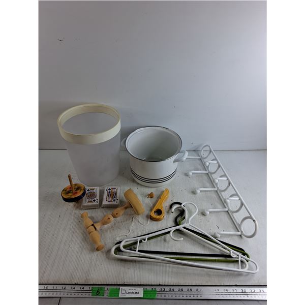 Spinning Top, Enamel Cooking Pot, Playing Cards, Hangers, Coat Rack, Trash Bin, Misc