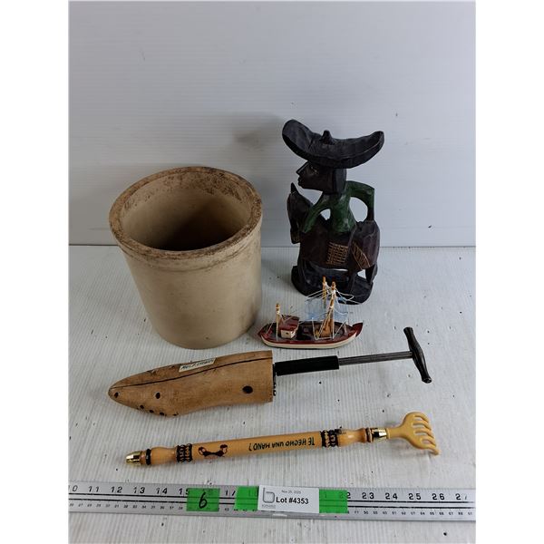 Carved Wood Cowboy, Back Scratcher, Miniature Ship, Crock Pot 7" x 7", Shoe Stretcher