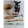 Image 4 : Carved Wood Cowboy, Back Scratcher, Miniature Ship, Crock Pot 7" x 7", Shoe Stretcher