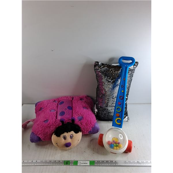 (2) Kids Pillows - (Dream Lites Pillow Pet Ladybug & Sequin Color Change), Fisher Price Toy Popper