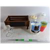 Image 1 : Wooden Crate 15" x 8" x 7" , Basket Coffee Filters, Plastic Cups, Storage Jar, Plastic Jugs