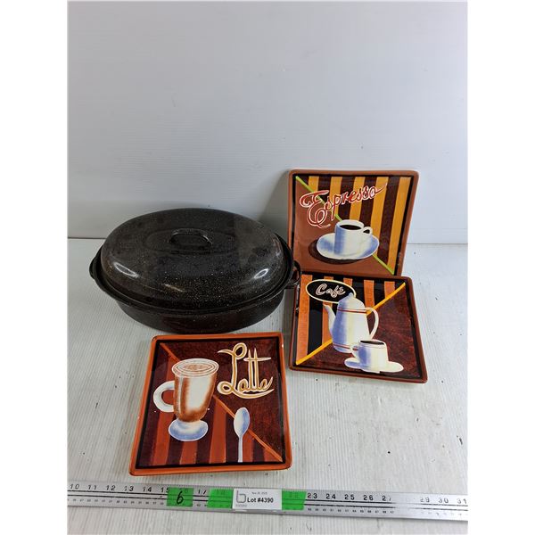 (3) Ceramic Plates 9" x 9", Baking Dish with Lid 15" x 5" x 9"
