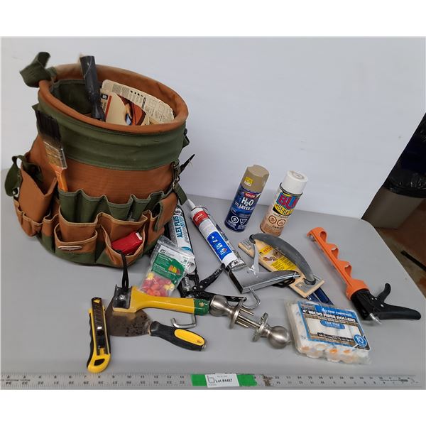 Home Depot Tool Pail and Pouch 14.5" Tall, Silicone Guns with Silicone, Wire Connectors, MIsc. Canno