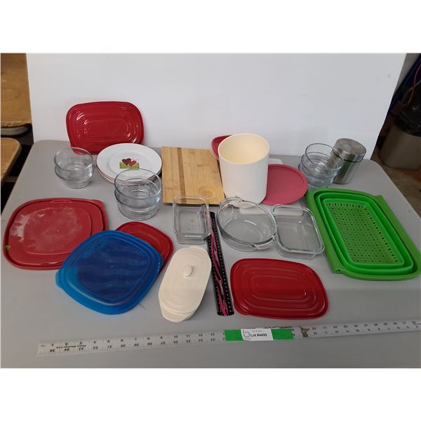 Kitchen Lot- Glass Containers- No Lids, Cutting Board, Plates, Misc.