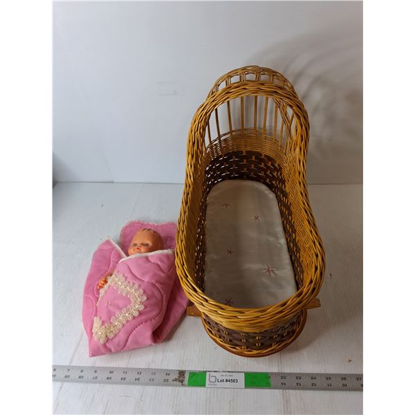 Wicker Bassinet 20" x 8" x 15" & Vintage Plastic Doll with Blanket