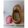 Image 1 : Wicker Bassinet 20" x 8" x 15" & Vintage Plastic Doll with Blanket