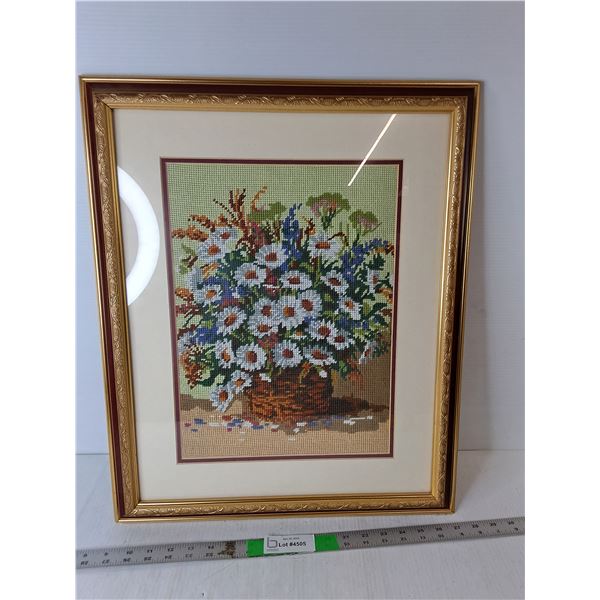 Framed Needlepoint Flowers 22.5" x 18.5", Pickup Preferred