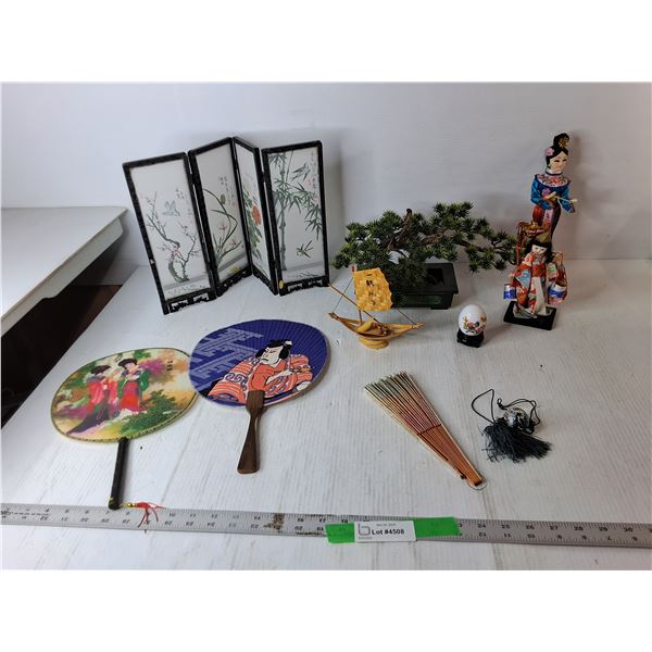 Asian Decorative Lot- Fans, Tabletop Divider, Artificial Tree, MIsc.